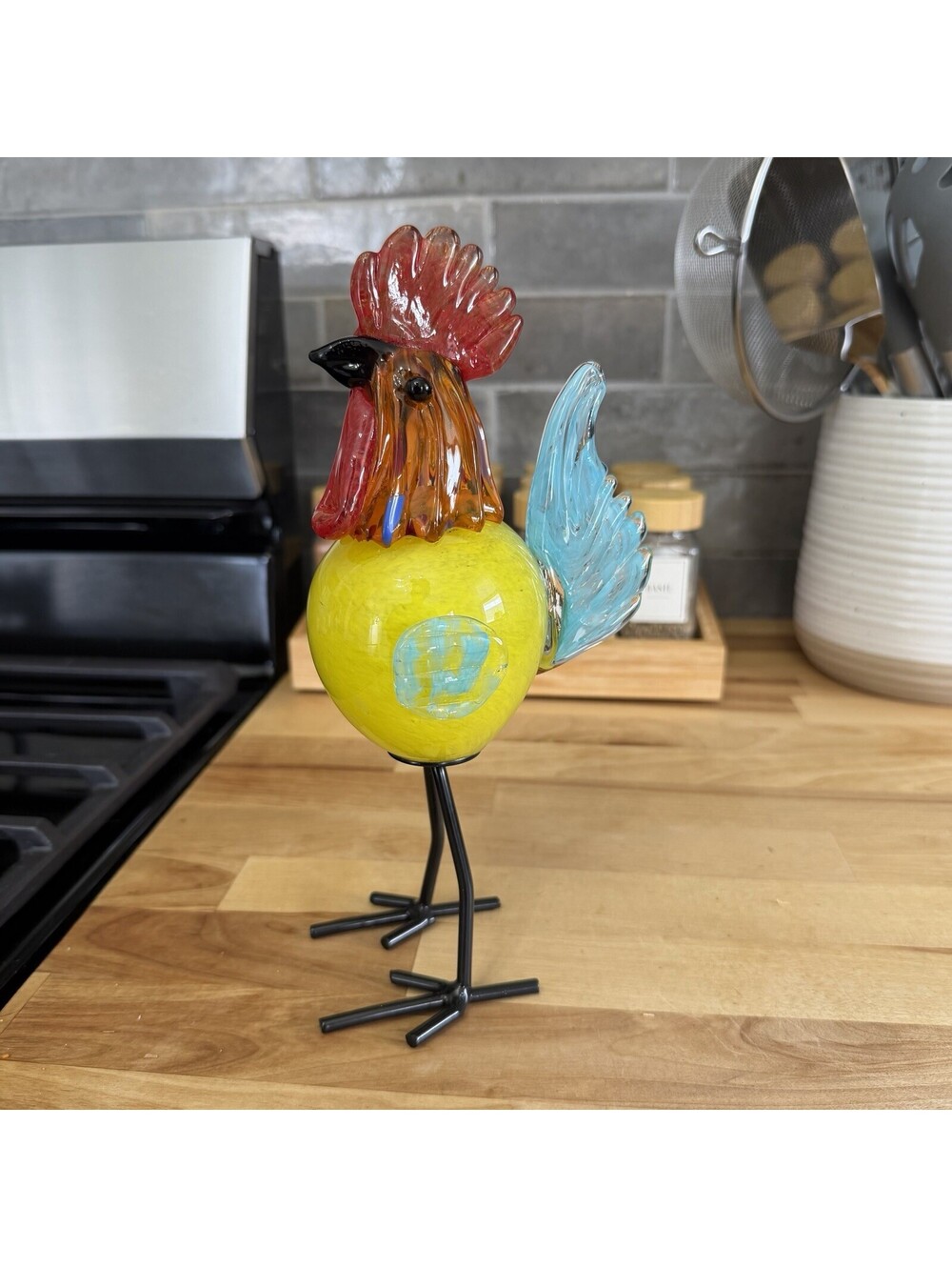 9” Glass Rooster Sculpture Figure Murano Style Hand Blown Metal Legs Art Glass